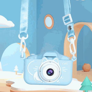 LittleLens Kids Camera in blue with cat-shaped silicone case and adjustable strap for children aged 3 and up.