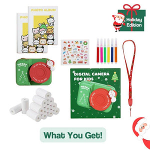 Kids instant print camera Christmas edition with photo albums, markers, thermal paper rolls, stickers, and lanyard bundle