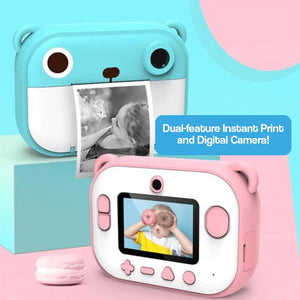 Kids instant print camera in cute bear design with dual instant print and digital photo features, suitable for children aged 4 and up.