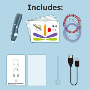 3D Magic Pen Set with pen, USB cable, cleaning needle, colorful filaments, and design cards for kids creative art projects