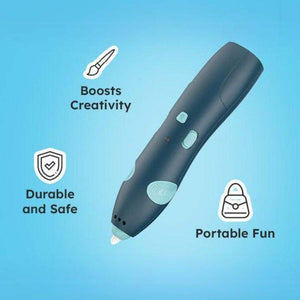 3D Magic Pen Set black pen on blue background with icons for creativity, safety, and portability