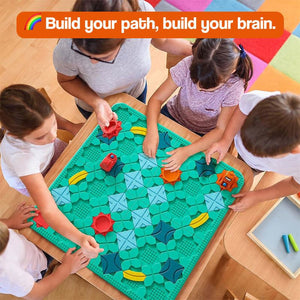 Build-A-Path Logic Puzzle with bulldozer and track pieces on challenge card setup for STEM learning