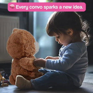 ChattyBear AI-smart learning plushie sitting on a wooden surface with colorful blocks in the background