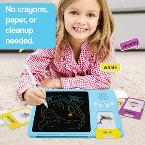 Child using SmartTrace multi-sensory learning tablet with flashcards and stylus on mess-free LCD screen
