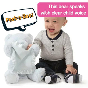 Peek-a-Bear Interactive ultra-soft plush bear with embroidered paw button and satin-edged blanket playing peekaboo for babies and toddlers
