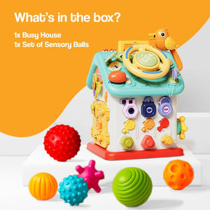 Montessori Busy House toy for fine motor skills with sensory balls, colorful interactive toddler activity cube.
