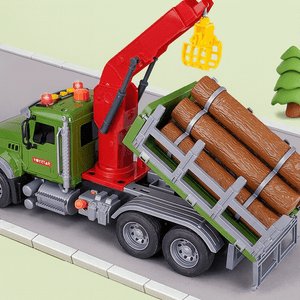Oversized timber transport toy truck with crane, lights, music, and inertia-driven action for kids aged 4-6