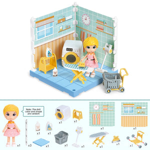 Colorful plastic simulation furniture play set for kids including bedroom, kitchen, and study room pieces