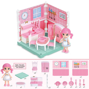 Colorful simulation furniture play set for kids featuring bedroom, kitchen, bathroom, and study pieces