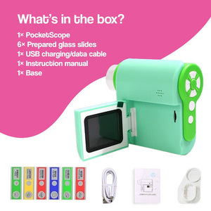 3-in-1 PocketScope handheld digital microscope with 1000x magnification and built-in color screen for kids’ science exploration