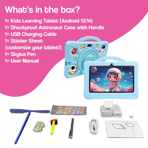 shockproof learning tablet with astronaut case, stylus pen, USB cable, stickers, and user manual for kids ages 2-6