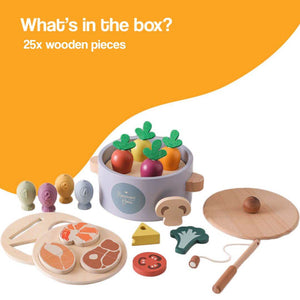 Little Chef Montessori healthy cooking set with 25 wooden pieces including vegetables, proteins, utensils, and numbered fish for kids ages 2-6