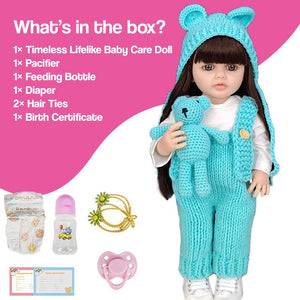 Real-Feel Baby Doll with lifelike features, silicone skin, and full care accessories including pacifier, bottle, diaper, hair ties, and birth certificate
