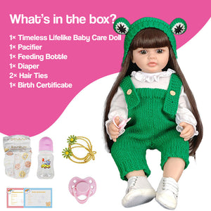 Real-feel baby doll with brown hair, green outfit, and care accessories including pacifier, bottle, diaper, hair ties, and birth certificate