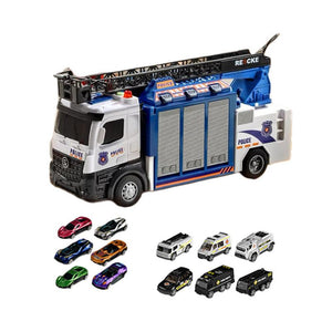 Mega Rescue Water Spray Truck playset with 12 die-cast rescue cars, real water spray, lights, sounds, and transforming mission base.