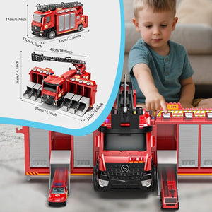 Child playing with Mega Rescue Water Spray Truck playset featuring fire truck, die-cast cars, and transformable rescue station