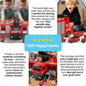 Mega Rescue Water Spray Truck playset with transforming rescue station, real water spray, lights, sounds, and 12 die-cast cars for kids ages 6+