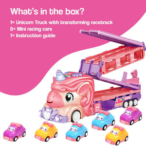 Unicorn Express dual racing truck toy with 8 colorful mini cars on pink background