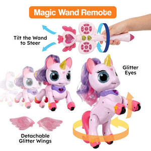 Child playing with magic wand controlling a dancing remote-controlled unicorn toy