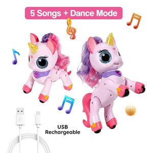 Child playing with USB rechargeable magic wand controlled unicorn toy performing tricks and dance