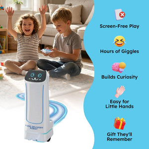 SnackBot Delivery Robo-Kitty toy with LED cat-face, rolling on floor carrying treats and toys