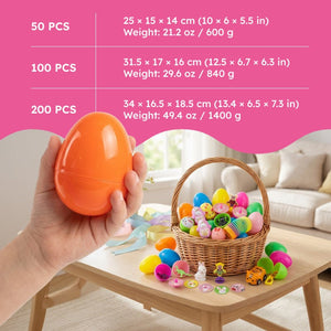 Colorful pre-filled Easter eggs with toys inside for candy-free Easter hunts, suitable for kids ages 3+