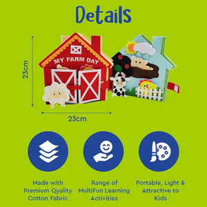 Kids Montessori Farm Day Book with interactive fabric pages teaching agriculture, clock reading, and weather skills