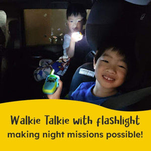 Kids using colorful walkie talkies with flashlight for night play and communication