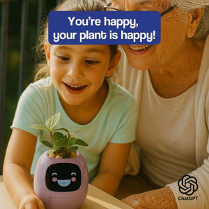 AI GrowBuddy Smart Plant Care System Ivy with expressive face and plant sensors on wooden table