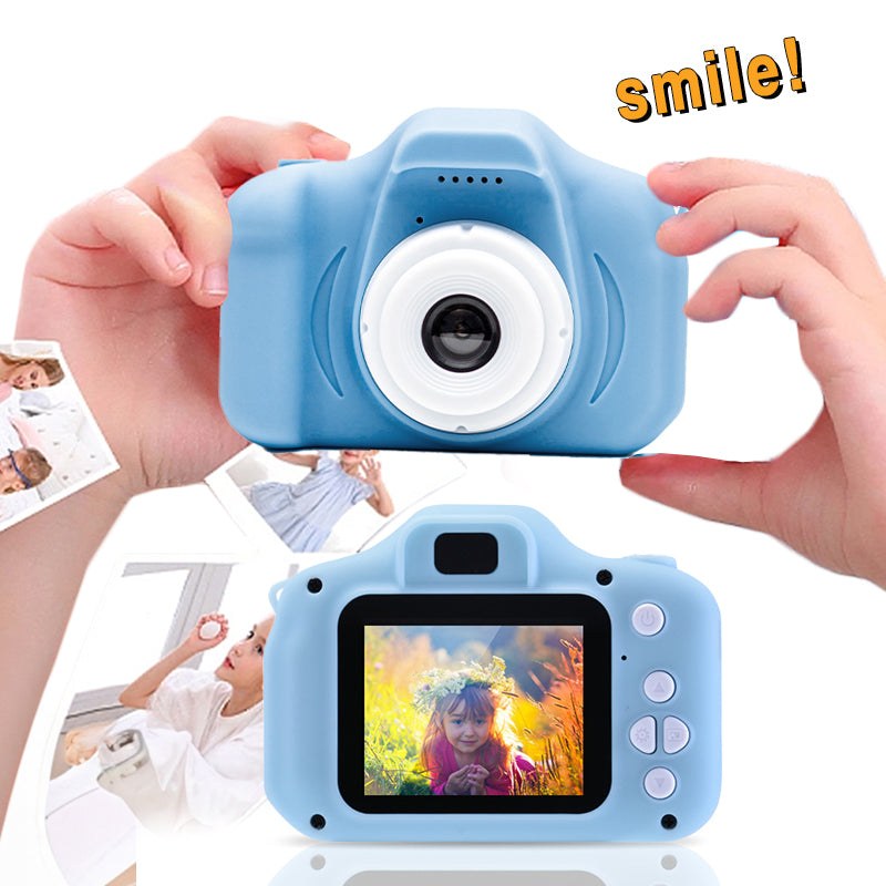 LittleLens Kids Camera in blue, handheld, with photo display on screen, designed for children's creativity and outdoor use