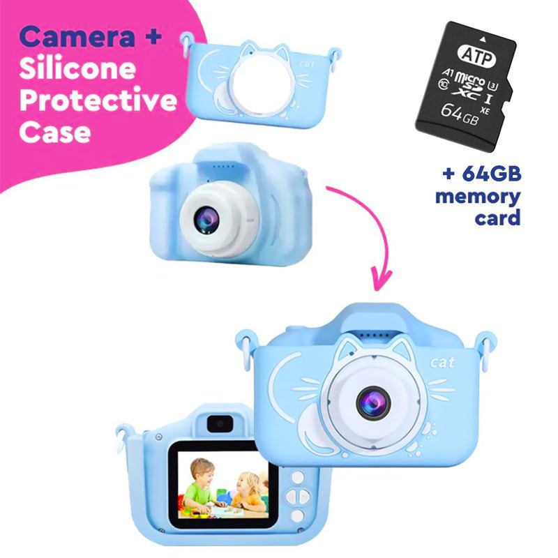 LittleLens Kids Camera with blue cat-shaped silicone protective case and 64GB memory card for children.