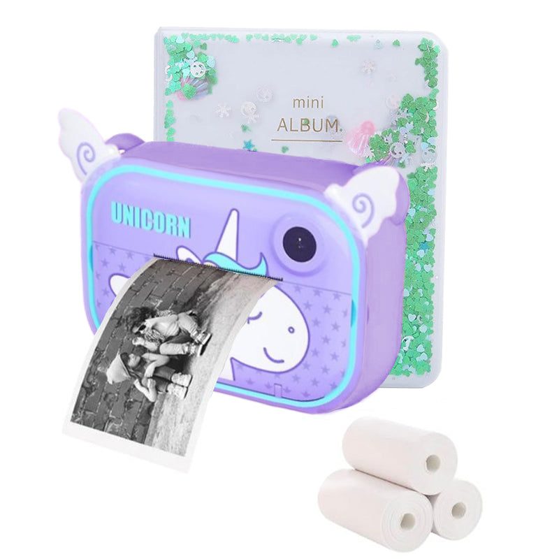 Kid Instant Print Camera in purple unicorn design printing black and white photo with photo album and thermal paper rolls
