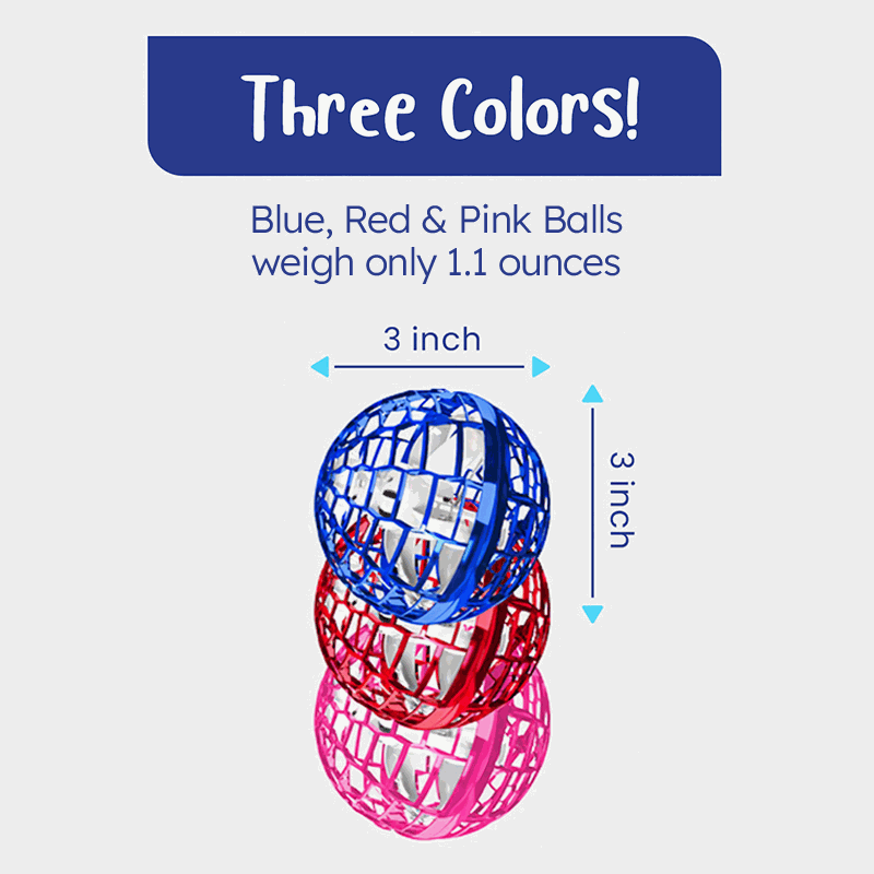 Galaxy Lights Flying Magic Orb in blue, red, and pink colors, 3-inch lightweight flying toy orb with LED lights for kids' hand-eye coordination and interactive play.