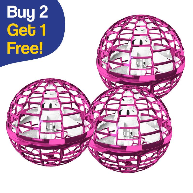 Galaxy Lights Flying Magic Orb toy with protective cage, LED lights, and hands-free flying technology, in pink color, set of three with buy 2 get 1 free offer
