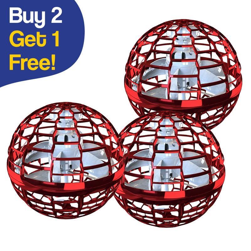 Galaxy Lights Flying Magic Orb drone toy with red protective cage, LED lights, bundled set of three with buy 2 get 1 free offer