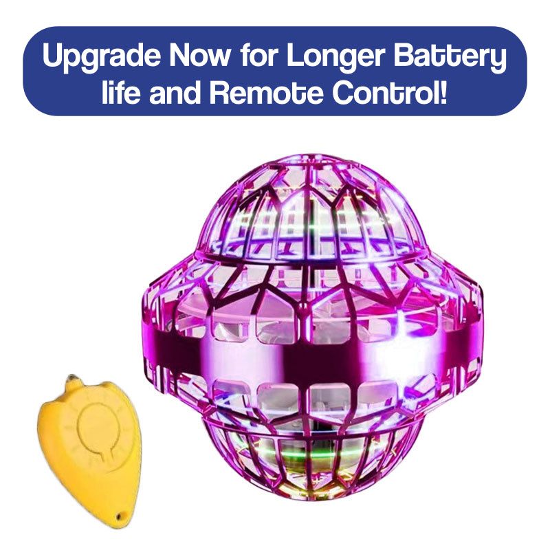 Galaxy Lights Flying Magic Orb glowing purple with yellow remote control for longer battery life and remote operation