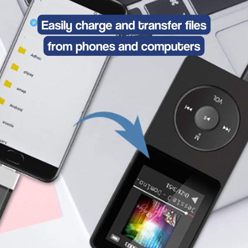 Black MP3 player with headset next to smartphone for easy file transfer and charging