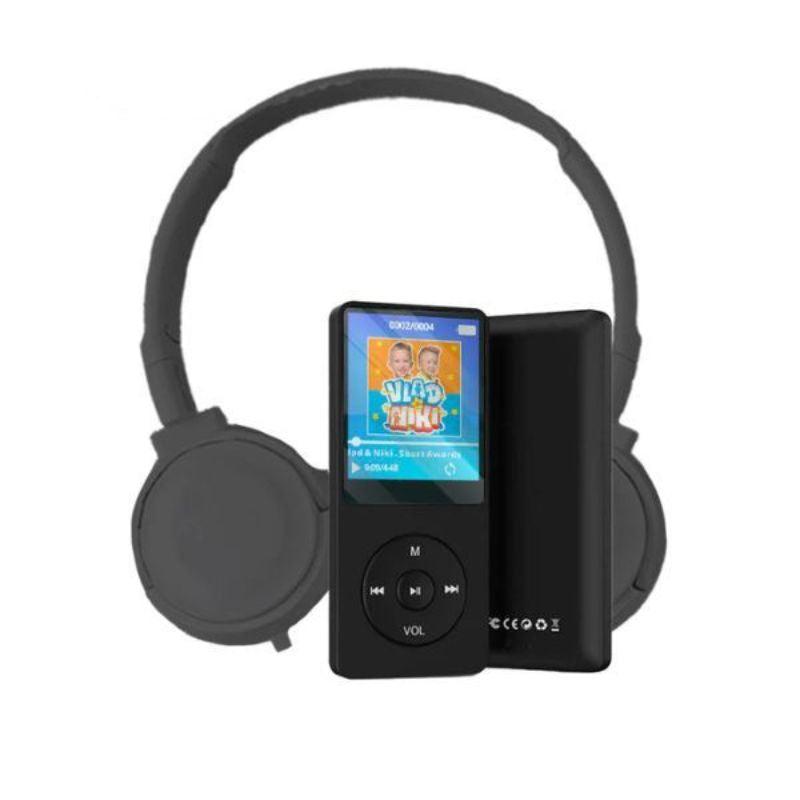 Black MP3 player with colored screen and black over-ear headset, Halloween Collection edition for kids, internet-free digital device.
