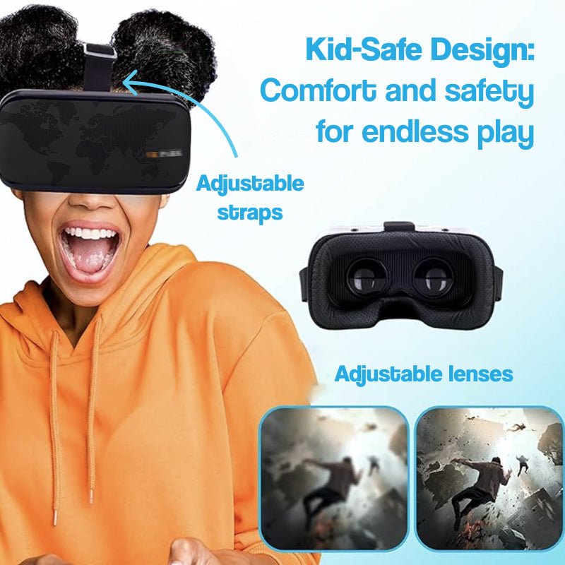 Interactive VR headset for kids with adjustable straps and lenses, designed for comfort, safety, and endless play.
