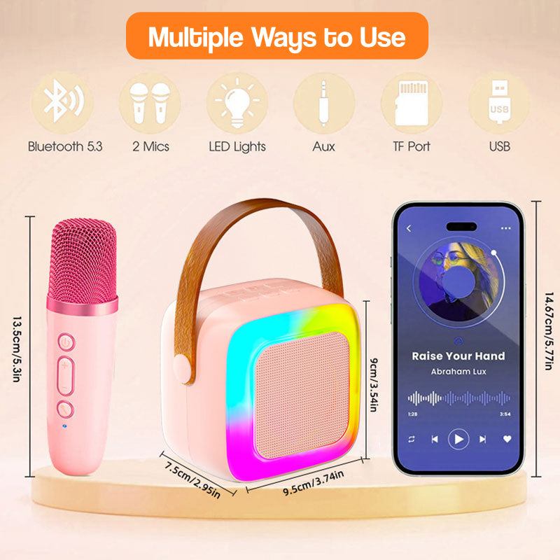Family Fun Karaoke Machine with pink wireless mic, colorful LED speaker, Bluetooth, Aux, USB, and TF port, kid-friendly design for ages 3+