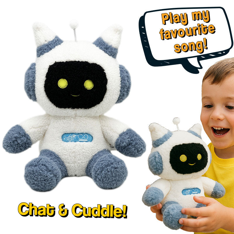 Chat & Cuddle AI-powered plush robot with soft white and gray exterior, smiling face, and child interacting while requesting a song.