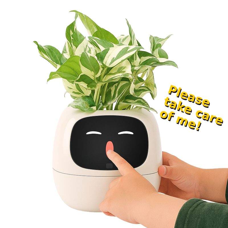 AI GrowBuddy Smart Plant Care System with interactive face and leafy plant in white pot being touched by child, encouraging care.