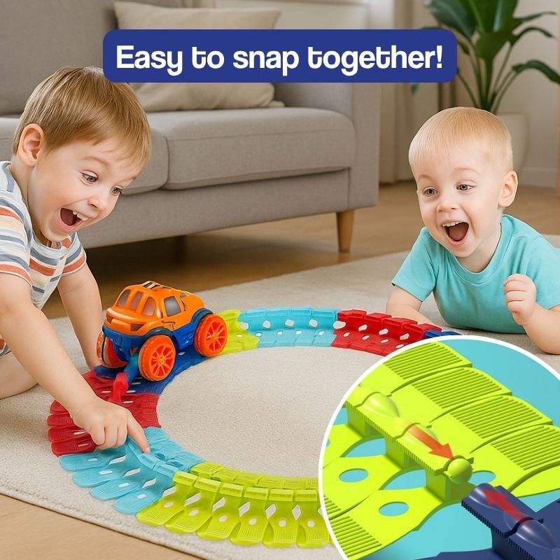 Two kids playing with colorful easy-to-snap-together LED toy cars on anti-gravity race track circle in living room