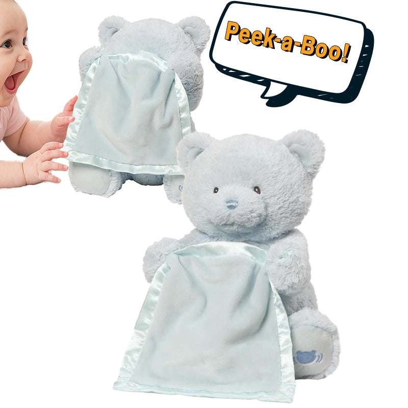Peek-a-Bear Interactive ultra-soft plush bear with satin blanket playing peekaboo for babies and toddlers.