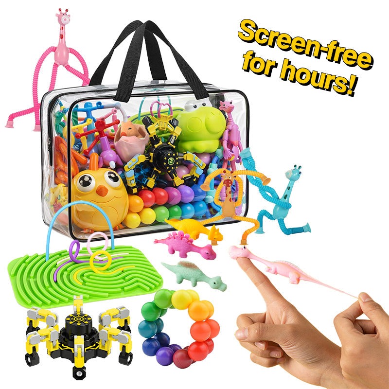 Screen-free busy bag with 9 colorful toys for kids ages 3-8 in clear travel pouch
