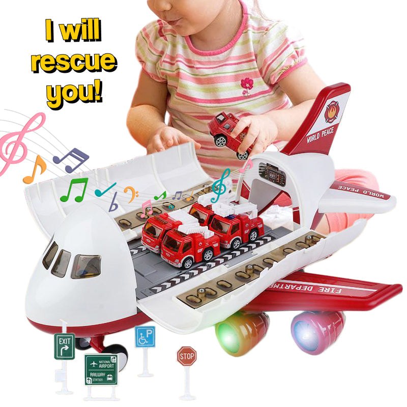 Little Hero Command Center airplane toy with lights, sounds, ramp launcher, and rescue vehicles for imaginative play.