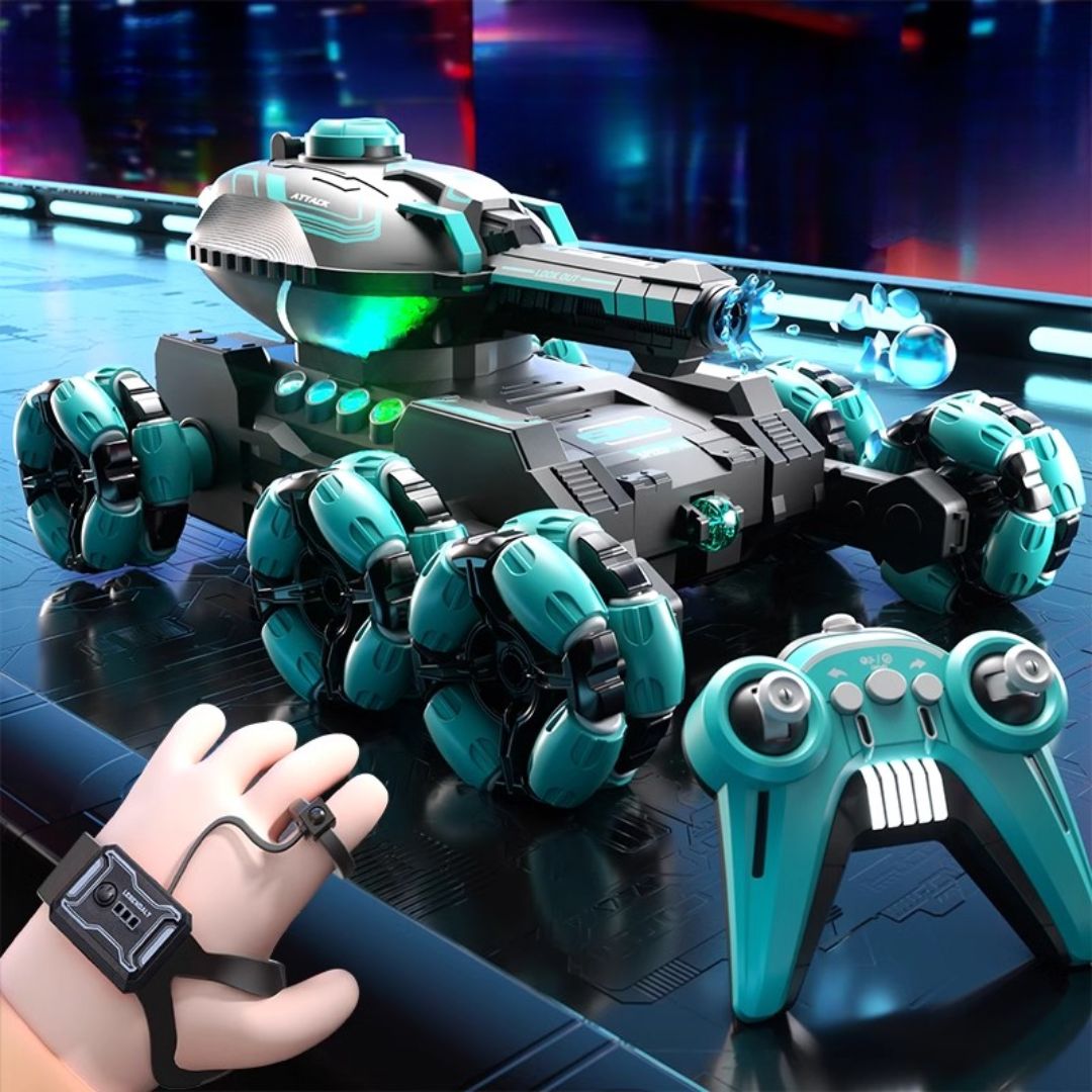 Six-wheeled gesture sensing remote control water tank car toy with off-road capabilities and water bullet feature