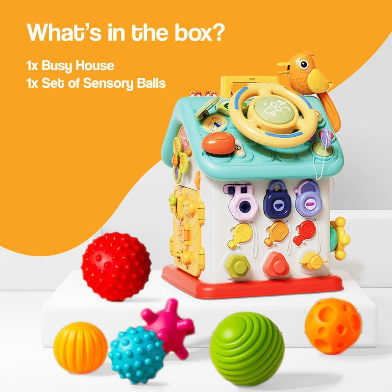 Montessori Busy House toy for fine motor skills with sensory balls, colorful interactive toddler activity cube.