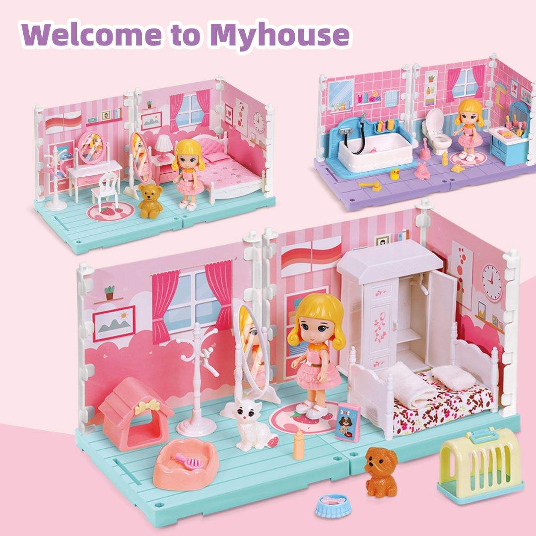 Colorful Simulation Furniture Play Set for Kids featuring bedroom, bathroom, and living room furniture with dolls and accessories for imaginative play.