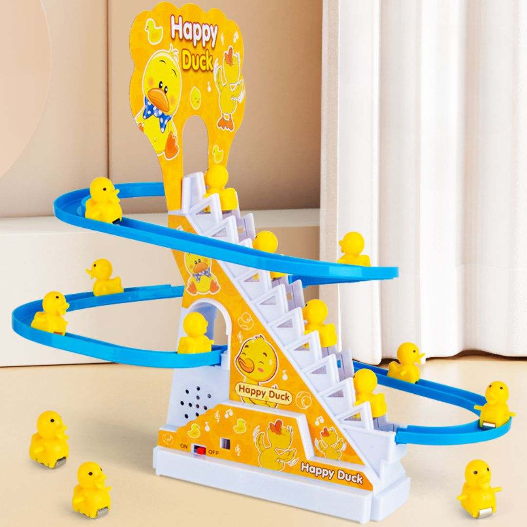 Little Duck Electric Climbing Stairs Slide Toy with yellow duck figures, blue spiral slide, and interactive lights and music for toddlers aged 0-3 years.